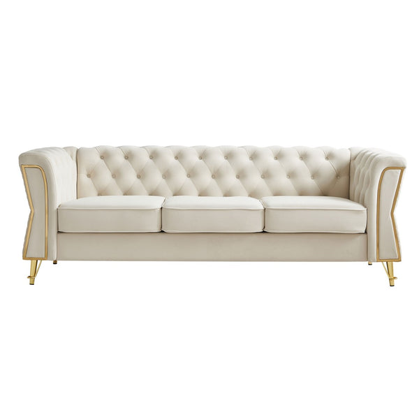 English Elm Modern Velvet Tufted Sofa with Gold Leg Accents Mid-century Style for Living Room Beige W579S00061