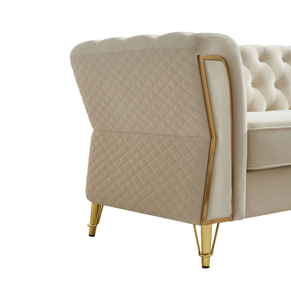 English Elm Modern Velvet Tufted Sofa with Gold Leg Accents Mid-century Style for Living Room Beige W579S00061