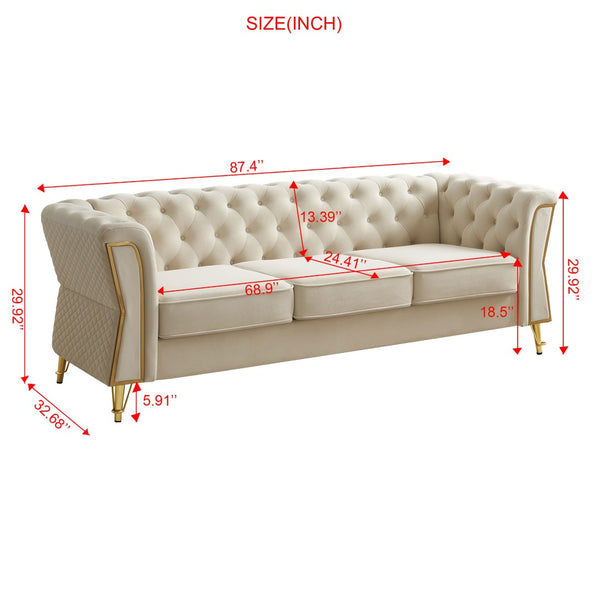 English Elm Modern Velvet Tufted Sofa with Gold Leg Accents Mid-century Style for Living Room Beige W579S00061