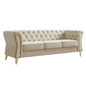 English Elm Modern Velvet Tufted Sofa with Gold Leg Accents Mid-century Style for Living Room Beige W579S00061