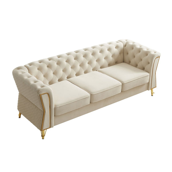 English Elm Modern Velvet Tufted Sofa with Gold Leg Accents Mid-century Style for Living Room Beige W579S00061