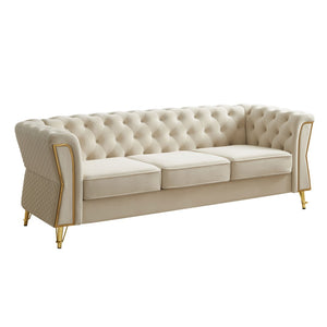 English Elm Modern Velvet Tufted Sofa with Gold Leg Accents Mid-century Style for Living Room Beige W579S00061