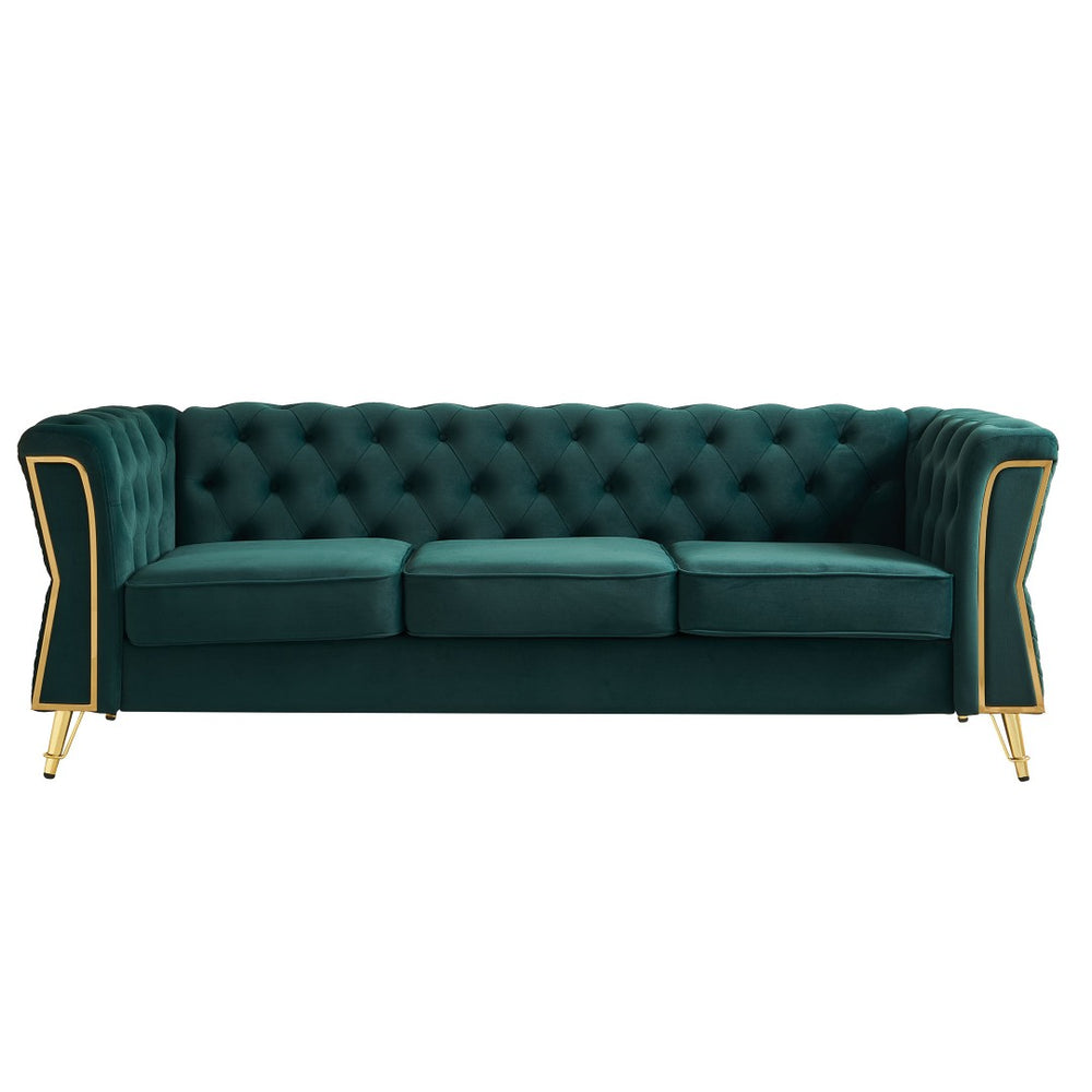 English Elm Modern Velvet Tufted Sofa with Gold Leg Accents Mid-century Style for Living Room Green W579S00062
