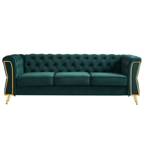 English Elm Modern Velvet Tufted Sofa with Gold Leg Accents Mid-century Style for Living Room Green W579S00062
