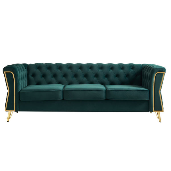 English Elm Modern Velvet Tufted Sofa with Gold Leg Accents Mid-century Style for Living Room Green W579S00062