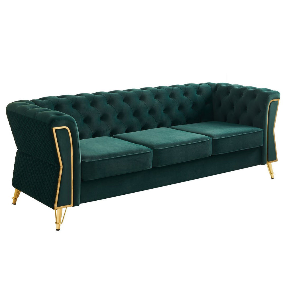 English Elm Modern Velvet Tufted Sofa with Gold Leg Accents Mid-century Style for Living Room Green W579S00062