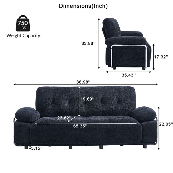 English Elm 88.98'' Chenille Upholstered Modern Sofa Chrome Arched Arms Living Room Seating Black W579S00063