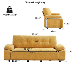 English Elm 88.98'' Chenille Upholstered Modern Sofa Chrome Arched Arms Living Room Seating Yellow W579S00064