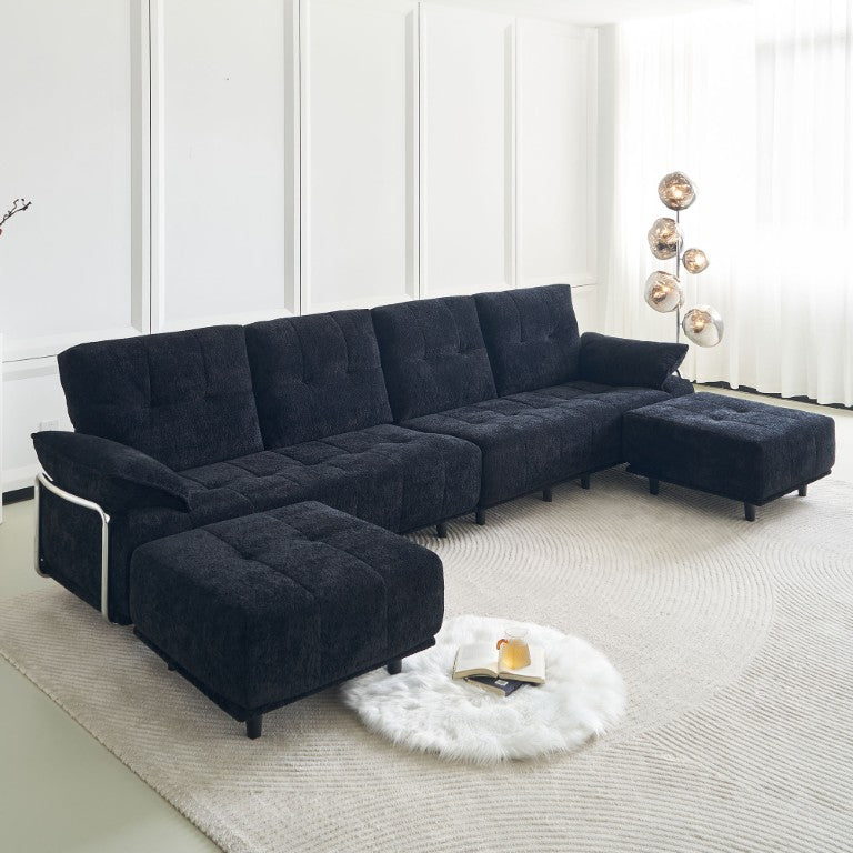 English Elm 141.73 Inch Ribbed Chenille Modular Sofa with Chrome Arms and Two Ottomans W579S00067