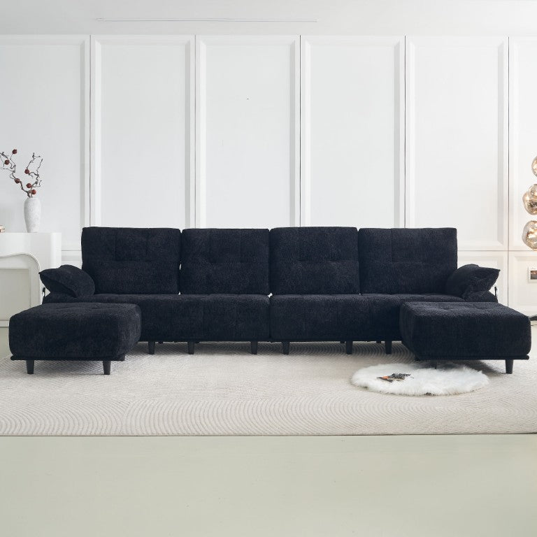 English Elm 141.73 Inch Ribbed Chenille Modular Sofa with Chrome Arms and Two Ottomans W579S00067