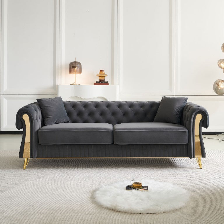English Elm Chesterfield Tufted Velvet Sofa with Gold Legs Elegant Three Seat Living Room Couch Dark Grey 84.25 inches W579S00070