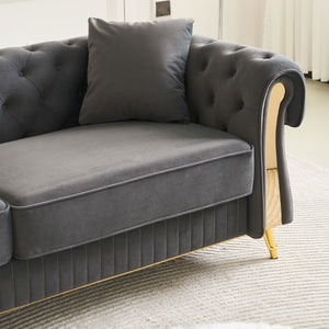 English Elm Chesterfield Tufted Velvet Sofa with Gold Legs Elegant Three Seat Living Room Couch Dark Grey 84.25 inches W579S00070