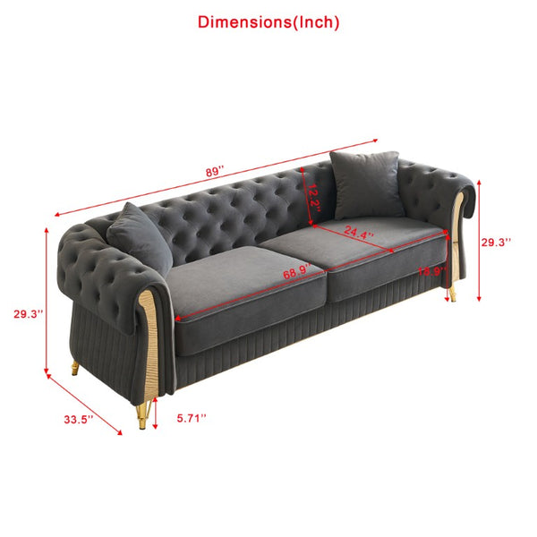 English Elm Chesterfield Tufted Velvet Sofa with Gold Legs Elegant Three Seat Living Room Couch Dark Grey 84.25 inches W579S00070