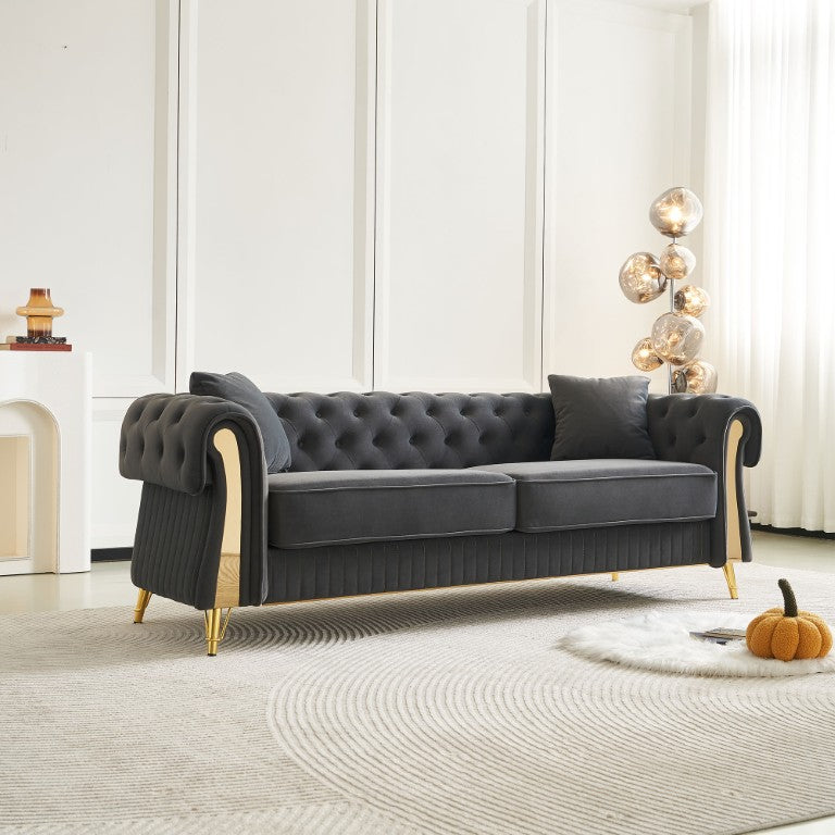 English Elm Chesterfield Tufted Velvet Sofa with Gold Legs Elegant Three Seat Living Room Couch Dark Grey 84.25 inches W579S00070