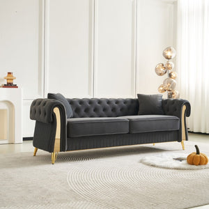 English Elm Chesterfield Tufted Velvet Sofa with Gold Legs Elegant Three Seat Living Room Couch Dark Grey 84.25 inches W579S00070