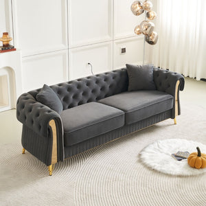 English Elm Chesterfield Tufted Velvet Sofa with Gold Legs Elegant Three Seat Living Room Couch Dark Grey 84.25 inches W579S00070