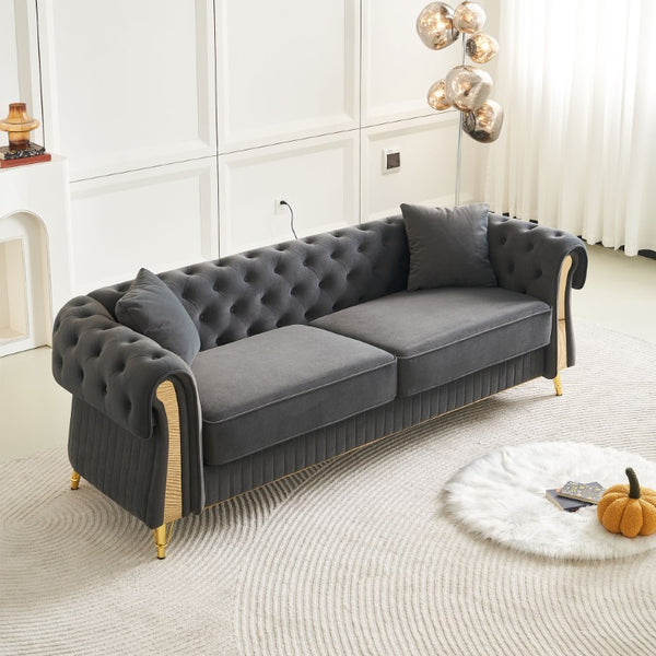 English Elm Chesterfield Tufted Velvet Sofa with Gold Legs Elegant Three Seat Living Room Couch Dark Grey 84.25 inches W579S00070