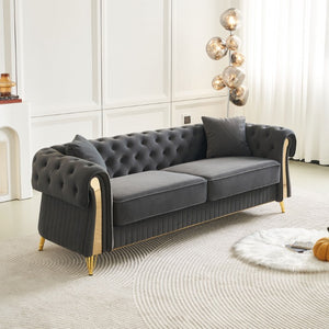 English Elm Chesterfield Tufted Velvet Sofa with Gold Legs Elegant Three Seat Living Room Couch Dark Grey 84.25 inches W579S00070