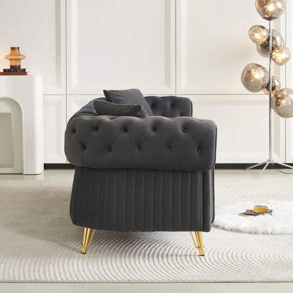 English Elm Chesterfield Tufted Velvet Sofa with Gold Legs Elegant Three Seat Living Room Couch Dark Grey 84.25 inches W579S00070