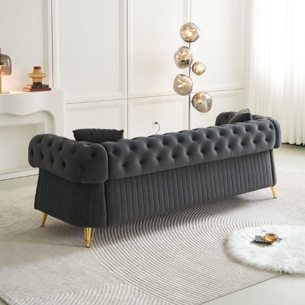 English Elm Chesterfield Tufted Velvet Sofa with Gold Legs Elegant Three Seat Living Room Couch Dark Grey 84.25 inches W579S00070