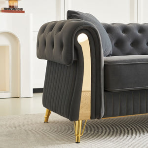 English Elm Chesterfield Tufted Velvet Sofa with Gold Legs Elegant Three Seat Living Room Couch Dark Grey 84.25 inches W579S00070