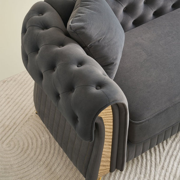 English Elm Chesterfield Tufted Velvet Sofa with Gold Legs Elegant Three Seat Living Room Couch Dark Grey 84.25 inches W579S00070