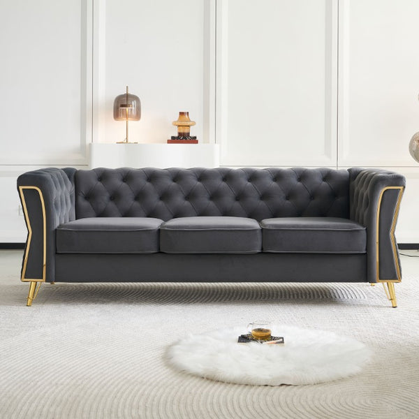 English Elm Modern Button Tufted Velvet Sofa with Gold Metal Arms for Glam Living Spaces Dark Grey W579S00071