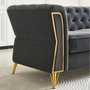 English Elm Modern Button Tufted Velvet Sofa with Gold Metal Arms for Glam Living Spaces Dark Grey W579S00071