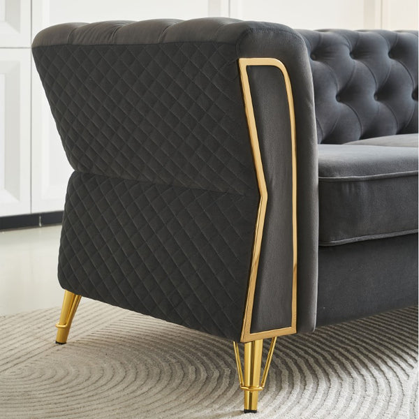 English Elm Modern Button Tufted Velvet Sofa with Gold Metal Arms for Glam Living Spaces Dark Grey W579S00071
