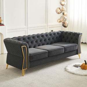 English Elm Modern Button Tufted Velvet Sofa with Gold Metal Arms for Glam Living Spaces Dark Grey W579S00071
