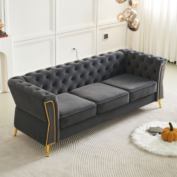 English Elm Modern Button Tufted Velvet Sofa with Gold Metal Arms for Glam Living Spaces Dark Grey W579S00071