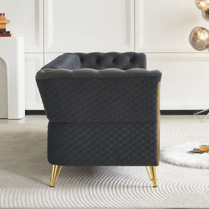 English Elm Modern Button Tufted Velvet Sofa with Gold Metal Arms for Glam Living Spaces Dark Grey W579S00071
