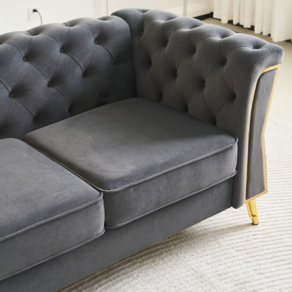 English Elm Modern Button Tufted Velvet Sofa with Gold Metal Arms for Glam Living Spaces Dark Grey W579S00071