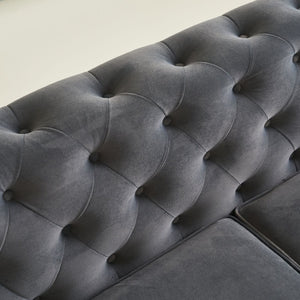 English Elm Modern Button Tufted Velvet Sofa with Gold Metal Arms for Glam Living Spaces Dark Grey W579S00071