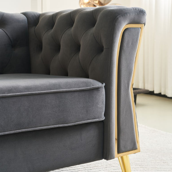 English Elm Modern Button Tufted Velvet Sofa with Gold Metal Arms for Glam Living Spaces Dark Grey W579S00071