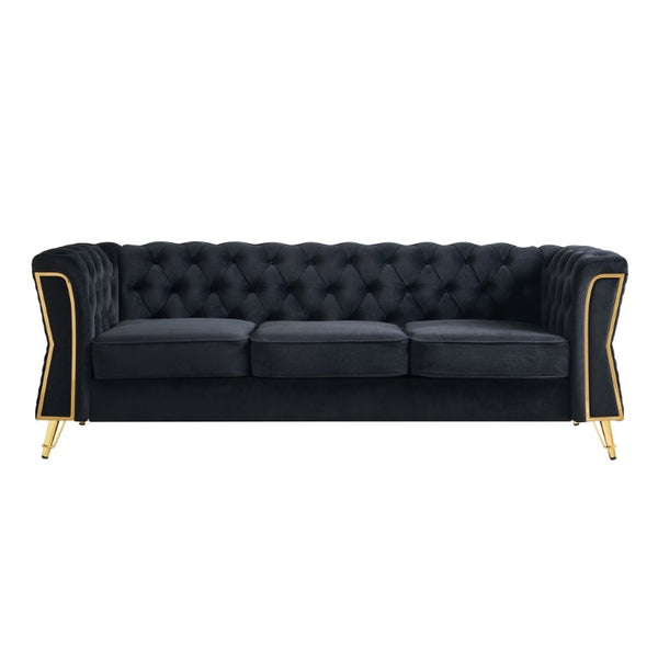 English Elm Chesterfield Tufted Velvet Sofa with Gold Legs Elegant Three Seat Living Room Couch Black 87.4 inches W579S00076
