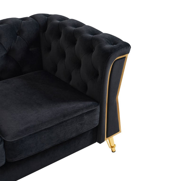 English Elm Chesterfield Tufted Velvet Sofa with Gold Legs Elegant Three Seat Living Room Couch Black 87.4 inches W579S00076