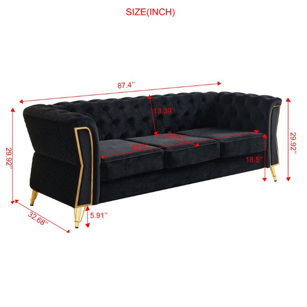 English Elm Chesterfield Tufted Velvet Sofa with Gold Legs Elegant Three Seat Living Room Couch Black 87.4 inches W579S00076