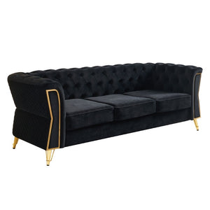 English Elm Chesterfield Tufted Velvet Sofa with Gold Legs Elegant Three Seat Living Room Couch Black 87.4 inches W579S00076