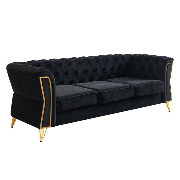 English Elm Chesterfield Tufted Velvet Sofa with Gold Legs Elegant Three Seat Living Room Couch Black 87.4 inches W579S00076