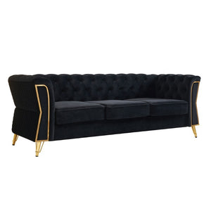 English Elm Chesterfield Tufted Velvet Sofa with Gold Legs Elegant Three Seat Living Room Couch Black 87.4 inches W579S00076