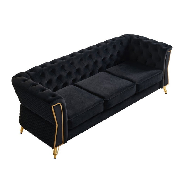 English Elm Chesterfield Tufted Velvet Sofa with Gold Legs Elegant Three Seat Living Room Couch Black 87.4 inches W579S00076