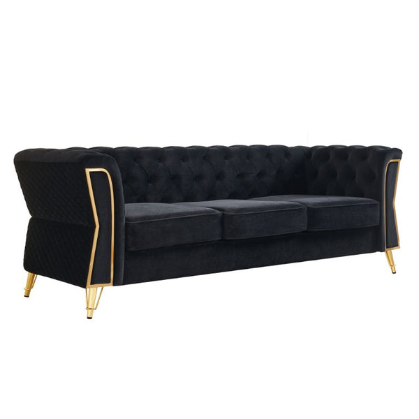 English Elm Chesterfield Tufted Velvet Sofa with Gold Legs Elegant Three Seat Living Room Couch Black 87.4 inches W579S00076