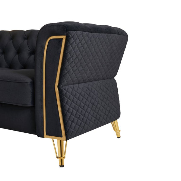 English Elm Chesterfield Tufted Velvet Sofa with Gold Legs Elegant Three Seat Living Room Couch Black 87.4 inches W579S00076