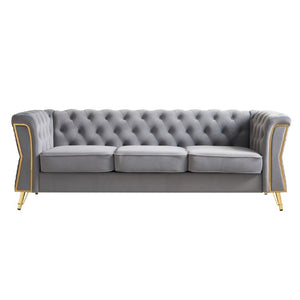 English Elm Modern Button Tufted Velvet Sofa with Gold Metal Arms for Glam Living Spaces Light Grey W579S00077
