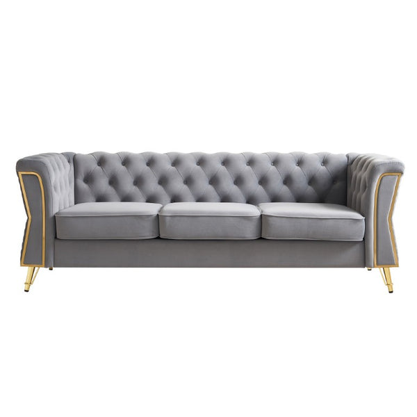 English Elm Modern Button Tufted Velvet Sofa with Gold Metal Arms for Glam Living Spaces Light Grey W579S00077