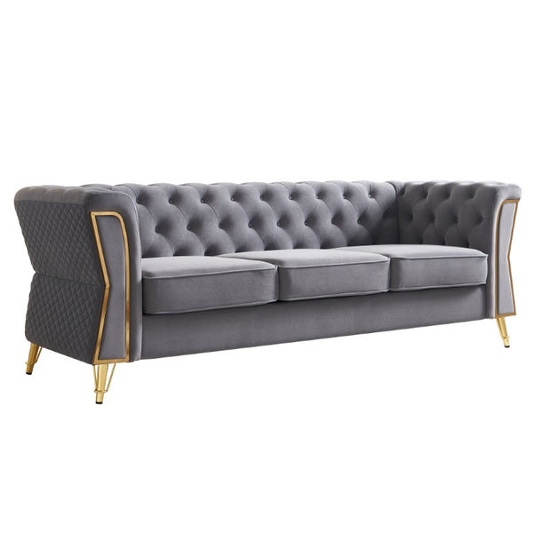English Elm Modern Button Tufted Velvet Sofa with Gold Metal Arms for Glam Living Spaces Light Grey W579S00077
