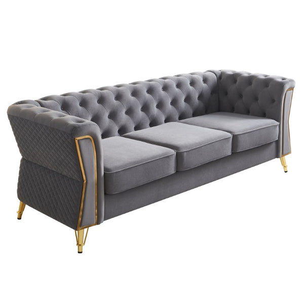 English Elm Modern Button Tufted Velvet Sofa with Gold Metal Arms for Glam Living Spaces Light Grey W579S00077