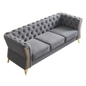 English Elm Modern Button Tufted Velvet Sofa with Gold Metal Arms for Glam Living Spaces Light Grey W579S00077