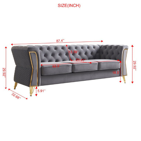 English Elm Modern Button Tufted Velvet Sofa with Gold Metal Arms for Glam Living Spaces Light Grey W579S00077